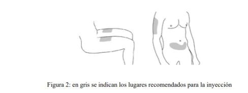 Schematic drawings of a human body showing in gray the recommended injection sites
