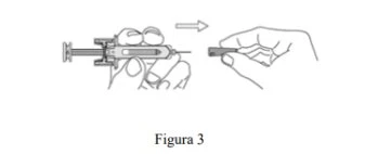 Technical drawing showing two hands handling a syringe with a needle and an arrow indicating movement to the right