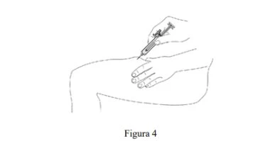 Technical drawing showing a hand holding a syringe injecting medication into the upper thigh of a person