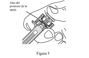 Technical drawing showing a hand holding a medical device with a protective cap on