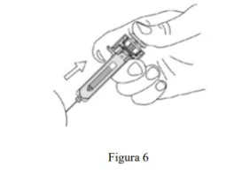 Black and white drawing of a hand holding a syringe to inject into a part of the body with an arrow indicating the direction of movement
