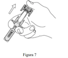 A hand holds a prefilled syringe, lifting it upward