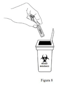 A hand disposes of a used syringe into a biohazard waste container marked with the biohazard symbol and the words 'riesgo biológico'