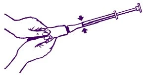 Two hands hold and apply a protective cap to the tip of a syringe with arrows indicating the downward insertion movement