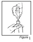 Technical drawing showing a hand holding a syringe to inject its contents into a glass vial held with the