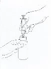Disegno tecnico che mostra due mani che maneggiano un dispositivo medico cilindrico per la somministrazione