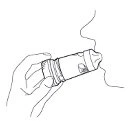 Line drawing of a hand holding a medicine bottle near a person's mouth for administration of