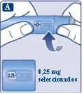 Due mani tengono un dispositivo medico azzurro con una freccia che indica la rotazione per selezionare il dosaggio di 0,25 mg indicato in basso