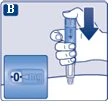 Una mano impugna una penna iniettiva verso il basso con una freccia blu e un dettaglio che mostra il dosaggio impostato su zero