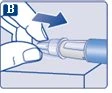 Mani che tengono una siringa orizzontale con una freccia blu che indica il movimento di rimozione o spostamento verso destra