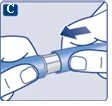 Due mani impugnano un dispositivo medico cilindrico blu e argento e lo ruotano o lo tirano verso sinistra come indicato da una freccia scura