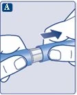 Due mani tengono un dispositivo medico cilindrico blu e bianco, con una freccia scura che indica il movimento di rotazione o separazione verso destra