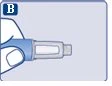 Una mano impugna orizzontalmente un dispositivo medico di colore blu e grigio con una finestra trasparente centrale su sfondo azzurro con lettera B