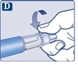 Una mano ruota la parte superiore di una penna iniettore verso il basso seguendo la direzione indicata da una freccia curva blu