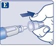 Una mano afferra e sposta lateralmente un cappuccio protettivo da un dispositivo medico con una freccia blu che indica la direzione del movimento
