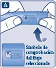 Due mani tengono un dispositivo medico blu con una freccia che indica il simbolo di controllo del flusso in un riquadro separato in basso a sinistra