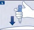 Рука держит сине-белую инъекционную ручку, готовую к вертикальному нажатию на кожу, как указано синей стрелкой