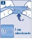 Two hands holding a blue injection pen with an arrow indicating rotation to select a dosage of 1 mg displayed in a box