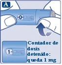 Illustration of a light blue injection pen held between two hands with a curved arrow indicating rotation of the device and a box displaying the number 1
