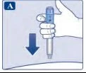 A hand holds an injection pen ready to be pressed downward onto the skin, following the direction of a blue arrow