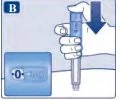 A hand holds an injection pen pointing downward with a blue arrow indicating movement and a dosage detail shown against a light blue background