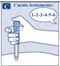 A hand holds an injection pen placed on the skin with a speech bubble indicating to count slowly from one to six