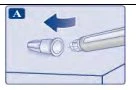 Blue arrow pointing to the left, indicating the movement of placing a protective cap onto a white cylindrical medical device