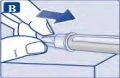 Two hands holding a blue injection pen on a flat surface with a blue arrow indicating a sliding movement to the right