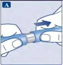 Two hands forcefully separate two parts of a cylindrical medical device in light blue, indicated by a black arrow pointing to the right