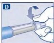 A hand rotates the upper part of a blue and transparent cylindrical medical device downward, following a curved arrow