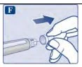 A hand holds a medical device and moves it to the right to attach it to an injection pen, with a directional blue arrow