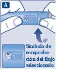 Two hands holding a light blue injection pen with an arrow indicating the selected flow control symbol in an enlarged detail box