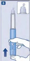 A hand holding a blue and transparent pen-shaped medical device with an arrow pointing downward