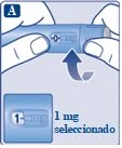 Two hands holding a light blue medical device with an arrow indicating rotational movement to select a dosage of 1 mg