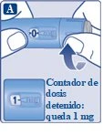 Hands holding a light blue medical device with a counter showing zero and a box indicating a residual amount of 1 mg