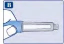 A hand holding a blue and gray cylindrical medical device with a transparent window showing the internal contents against a light blue background