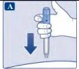 A hand holding an injection pen ready to be pressed vertically downward onto the skin as indicated by a blue arrow pointing downward