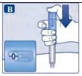 A hand holding an injection pen with a blue arrow pointing downward and a box showing the dosage set to zero units