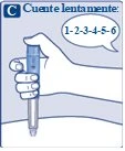 A hand holding an injection pen against the skin with a speech bubble indicating to count slowly from one to six