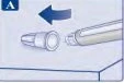 A blue arrow indicates the movement of placing a white protective cap onto the tip of a medical injection pen