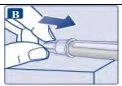 Hands holding a medical device to extract or push a component to the right, indicated by a dark blue arrow
