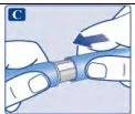 Two hands holding a blue and white cylindrical device with an arrow indicating the separation movement between the two parts of the container