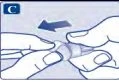 Two hands holding and rotating a medical device to the left, with a blue arrow indicating the direction of rotational movement