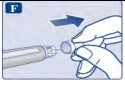 A hand pulls off a protective cap from a pre-filled syringe laterally, following the direction of a blue arrow