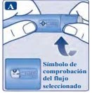 Two hands holding a blue injection pen with an arrow indicating rotational movement to select the medication flow rate