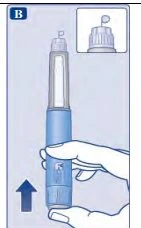 A hand holding a blue and gray injection pen with an arrow pointing downward
