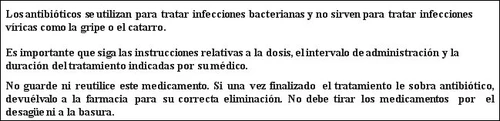 Testo in spagnolo sull'uso degli antibiotici per le infezioni batteriche, l'importanza di seguire le dosi prescritte e il divieto di riutilizzo o smaltimento tra i rifiuti