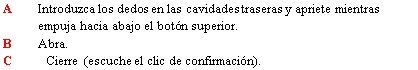 Spanish text with red letters A B and C explaining how to insert fingers into the openings, open and close the medical device