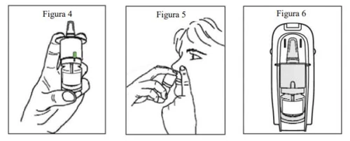 Tre disegni lineari mostrano una mano che tiene un flacone, una persona che utilizza un dispositivo nasale e un dispositivo medico visto frontalmente