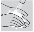 Stylized black and white drawing of two hands being washed under a stream of water